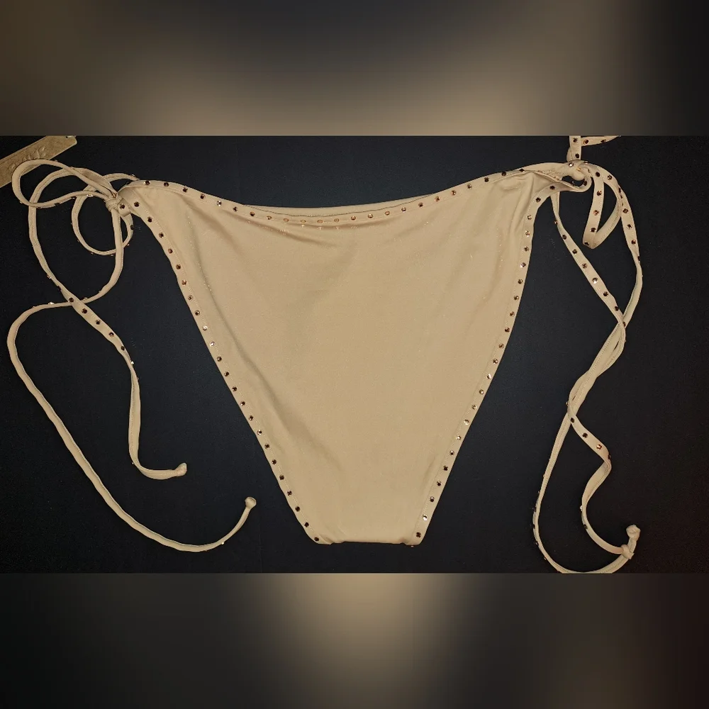 ⛱️NWT SKIMS 2 Piece Rhinestone Swim Bandeau tie String Bikini Nude OCHRE 4X